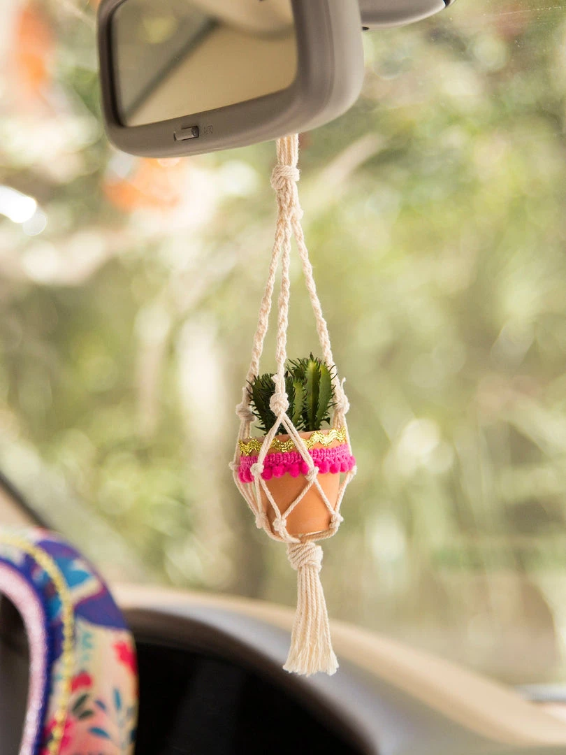 Natural Life Macrame Faux Succulent Car Charm 3 Natural Life Macrame Faux Succulent Car Charm