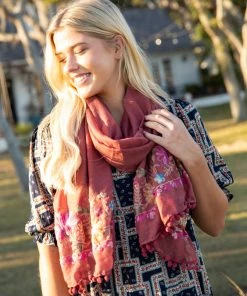 Natural Life Embroidered Pom Pom Scarf SUMMER SHOP