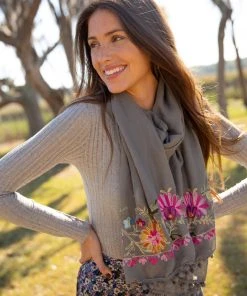 Natural Life Embroidered Pom Pom Scarf SUMMER SHOP